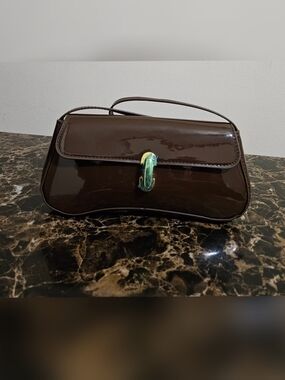 Brown Patent Leather Shoulder Bag with Gold Accent